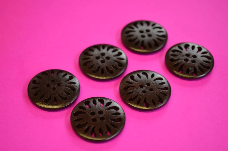 25mm Dark Brown Wooden Buttons 6pk Pierced Wood (DB1)