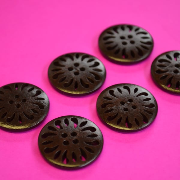 25mm Dark Brown Wooden Buttons 6pk Pierced Wood (DB1)