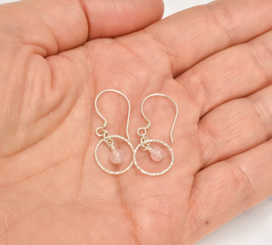 Rose Quartz and Sparkly Sterling Silver Circle Earrings