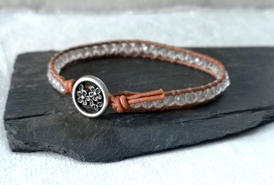 Clear quartz and leather bracelet, April birthstone, rock crystal