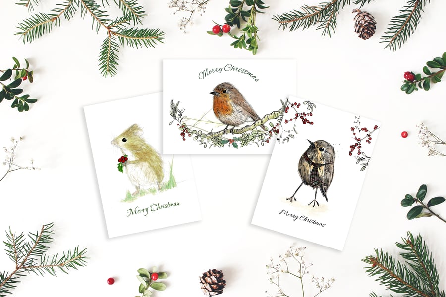 Christmas A6 woodland card selection - Robin - Wee Birdie - Christmas Mouse - 
