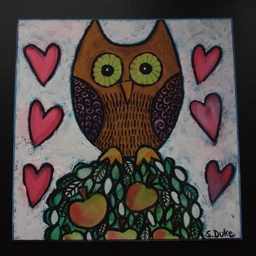 owl in an apple tree painting