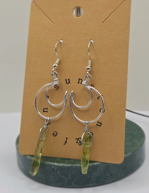 Handmade Crescent Moon Wire Earrings with Polished Green Moss Quartz Crystals