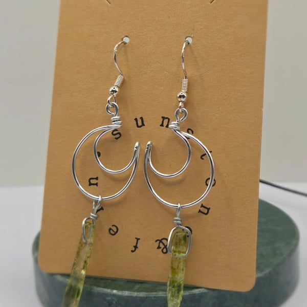 Handmade Crescent Moon Wire Earrings with Polished Green Moss Quartz Crystals