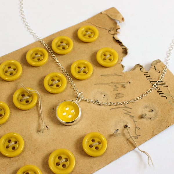 Vintage button necklace, yellow button, silver necklace