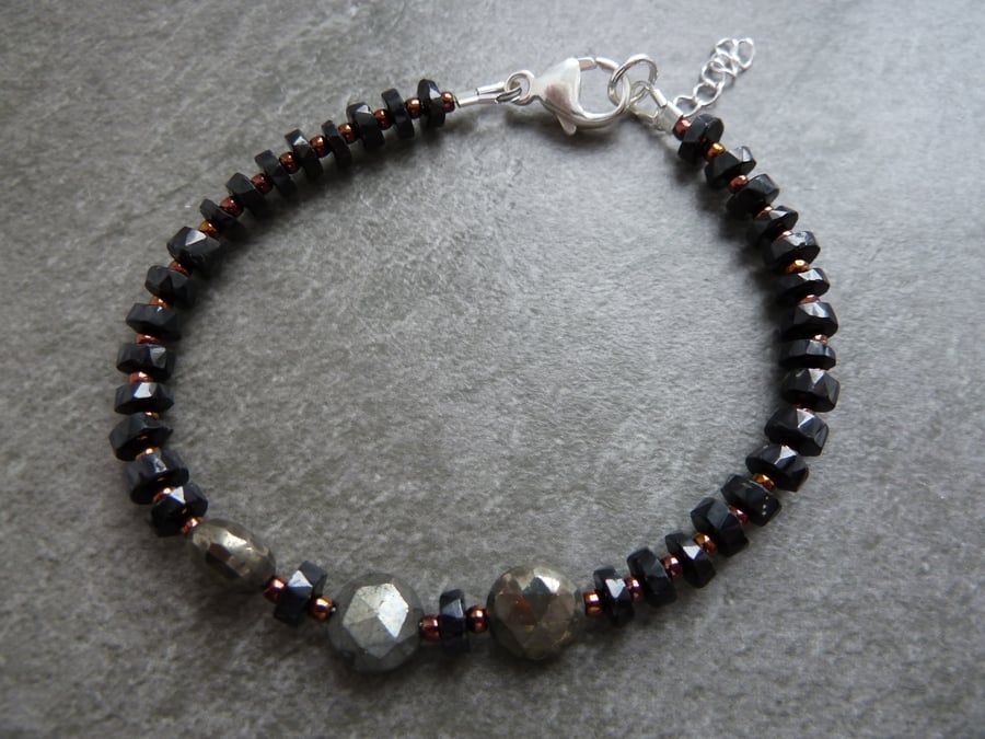 gemstone bracelet, black spinel and pyrite