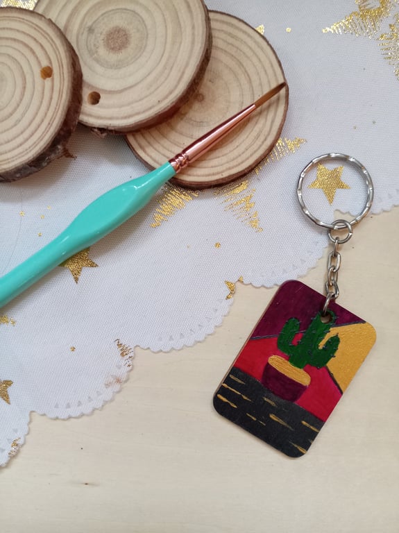 Wooden rectangular cactus keyring 