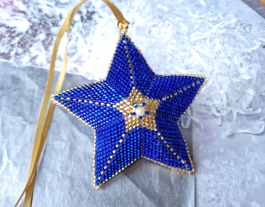 Blue and Gold 3D Beaded Christmas Star Ornament 