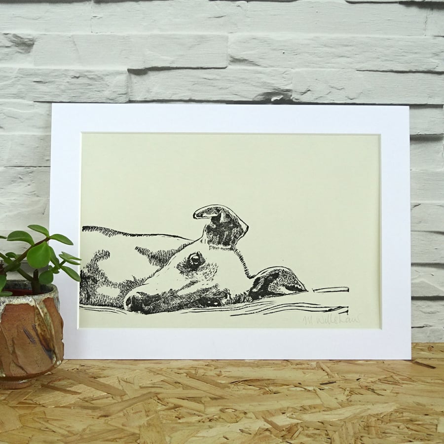 Sighthound Lino Print - Greyhound, Whippet, Galgo, Lurcher, dog mum