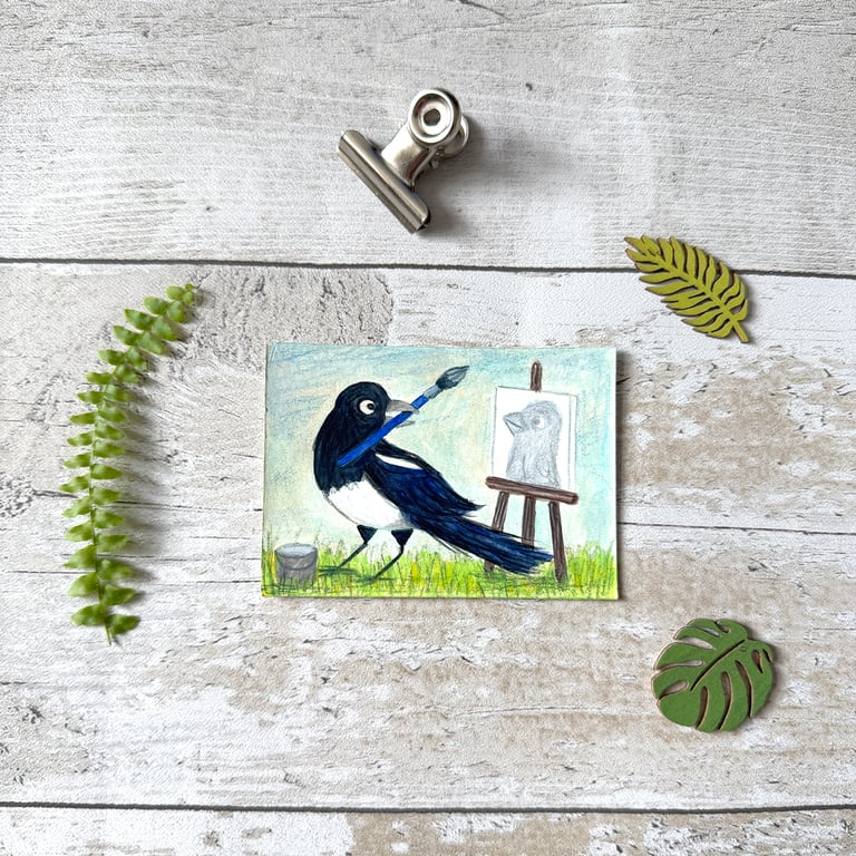 Magpie Miniature Original ACEO painting - One of a kind