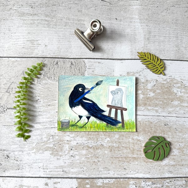 Magpie Miniature Original ACEO painting - One of a kind