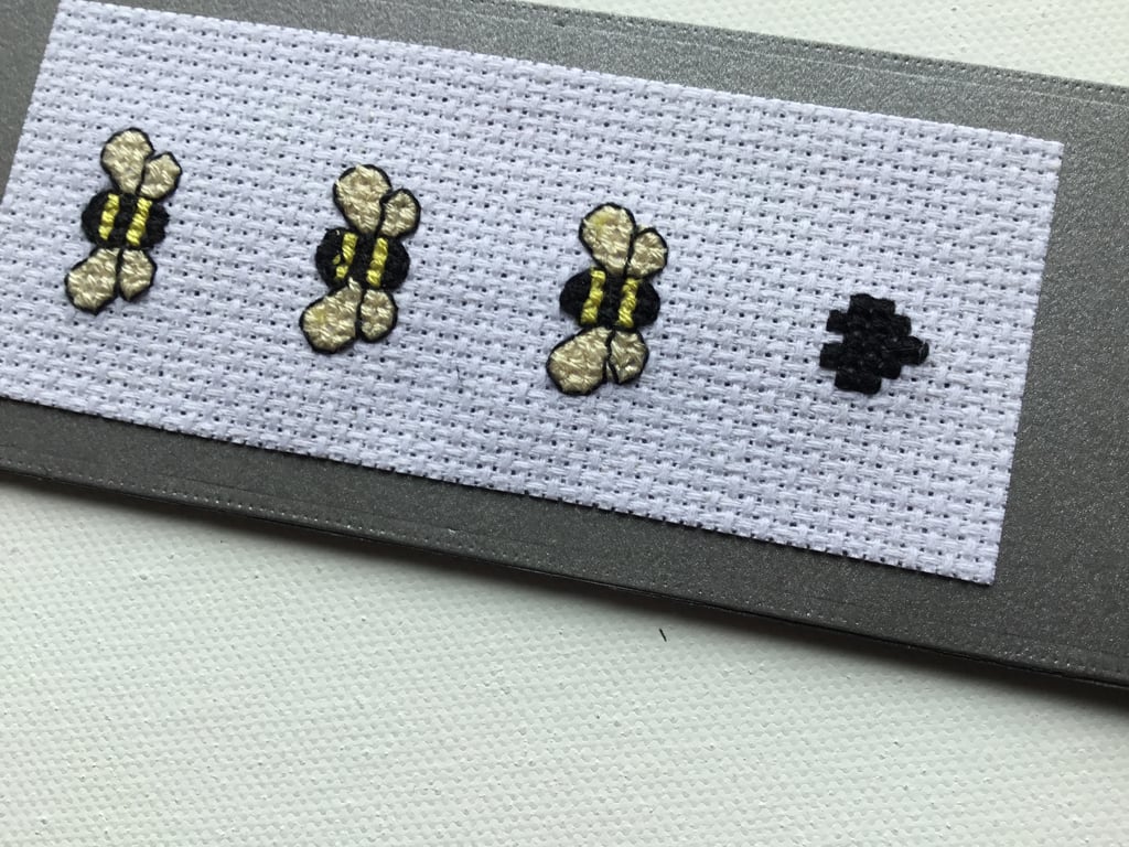 Hand stitched book mark. Cross stitched book mark. Bumble bee bookmark. Ref 128