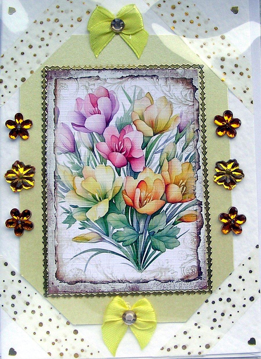 Freesia Flower Hand Crafted Decoupage Card - Blank for any Occasion (2688)