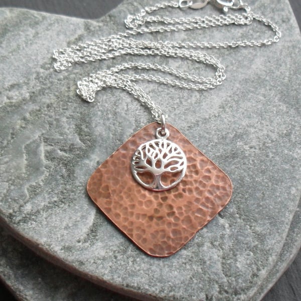 Copper  Pendant With Sterling Silver Tree Of Life Charm Vintage Style