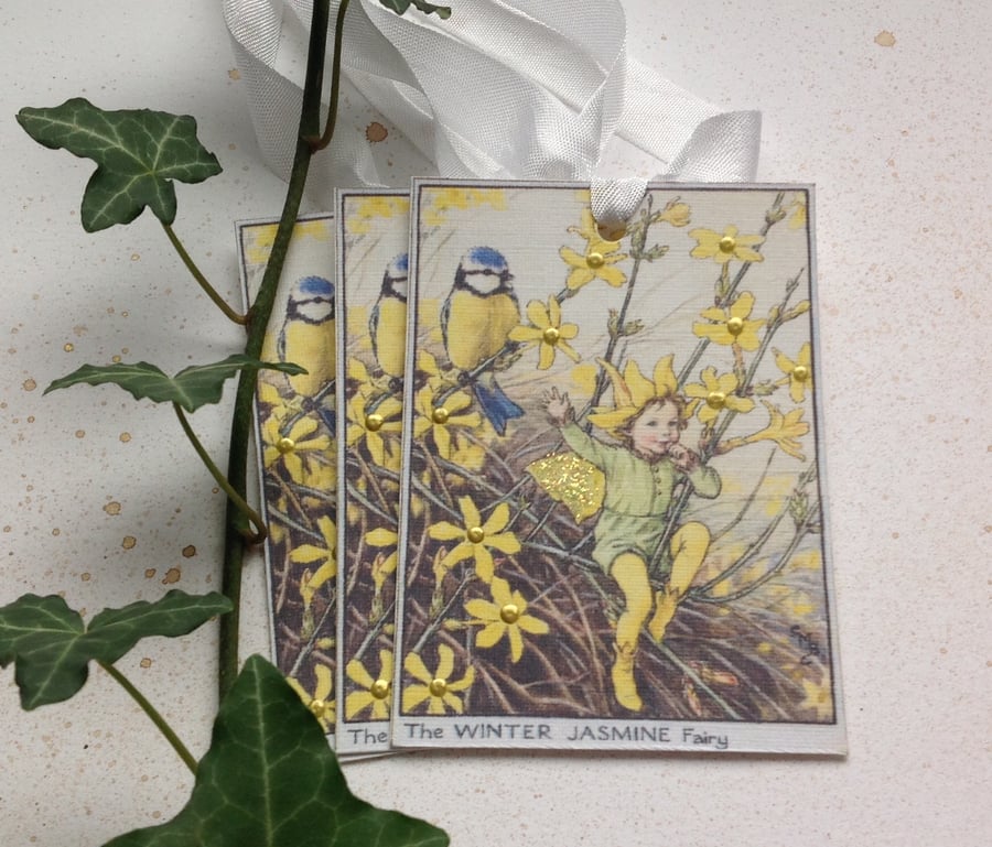 GIFT TAGS ( set of 3 ) vintage style .Flower Fairies ' Winter Jasmine'