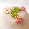 Green and pink drop earrings. Flower earrings. Dangle earrings.