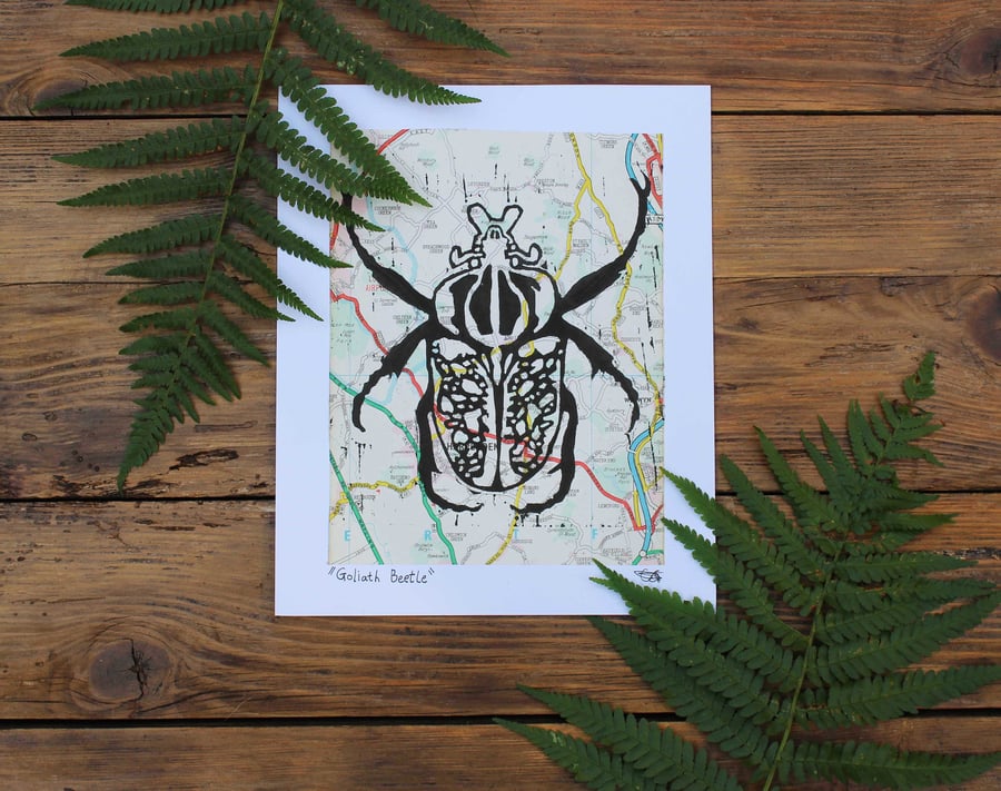 Goliath Beatle Small Lino print on upcycled maps