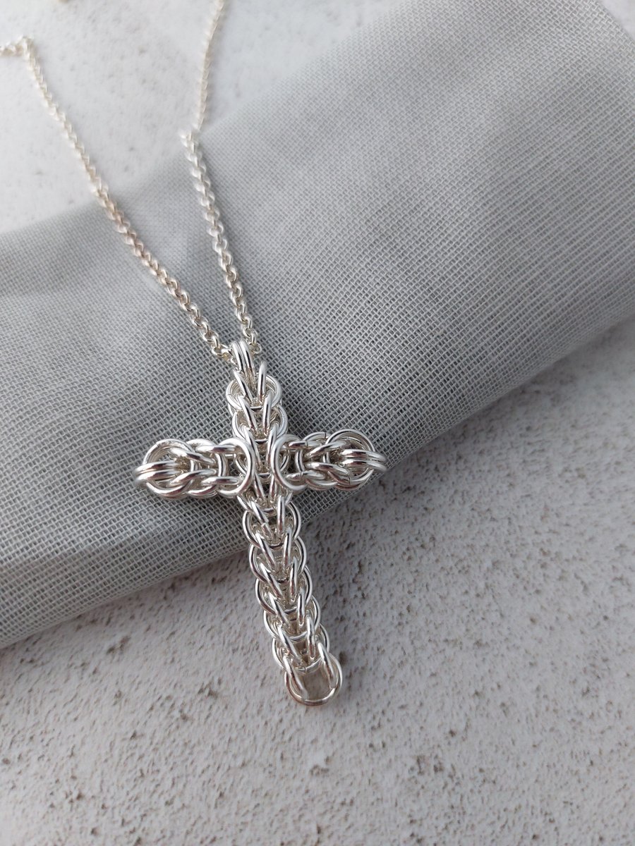 Sterling Silver Cross Pendant, Chainmaille Cross Necklace