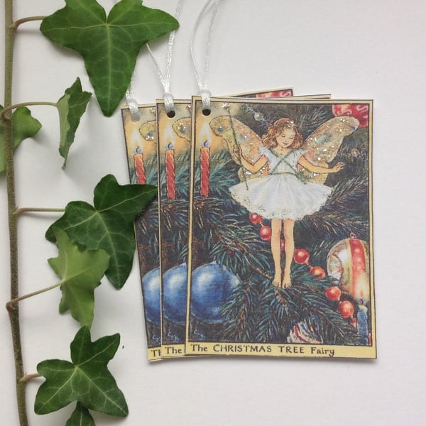 CHRISTMAS GIFT  TAGS  ( set of 3 ) vintage-style .Flower Fairy. Christmas tree. 