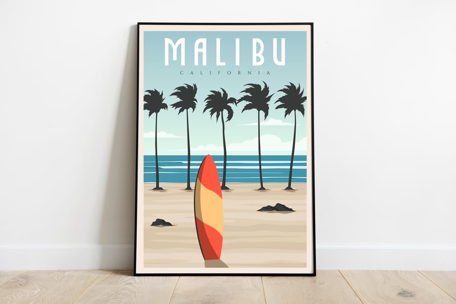 Malibu retro travel poster, Malibu travel print, USA travel decor