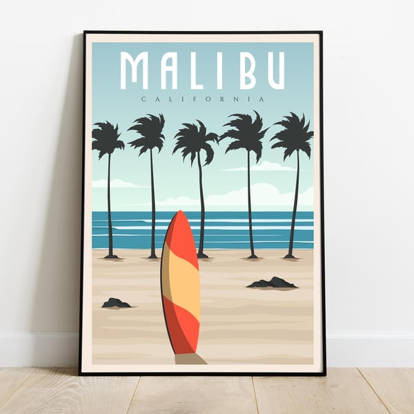 Malibu retro travel poster, Malibu travel print, USA travel decor