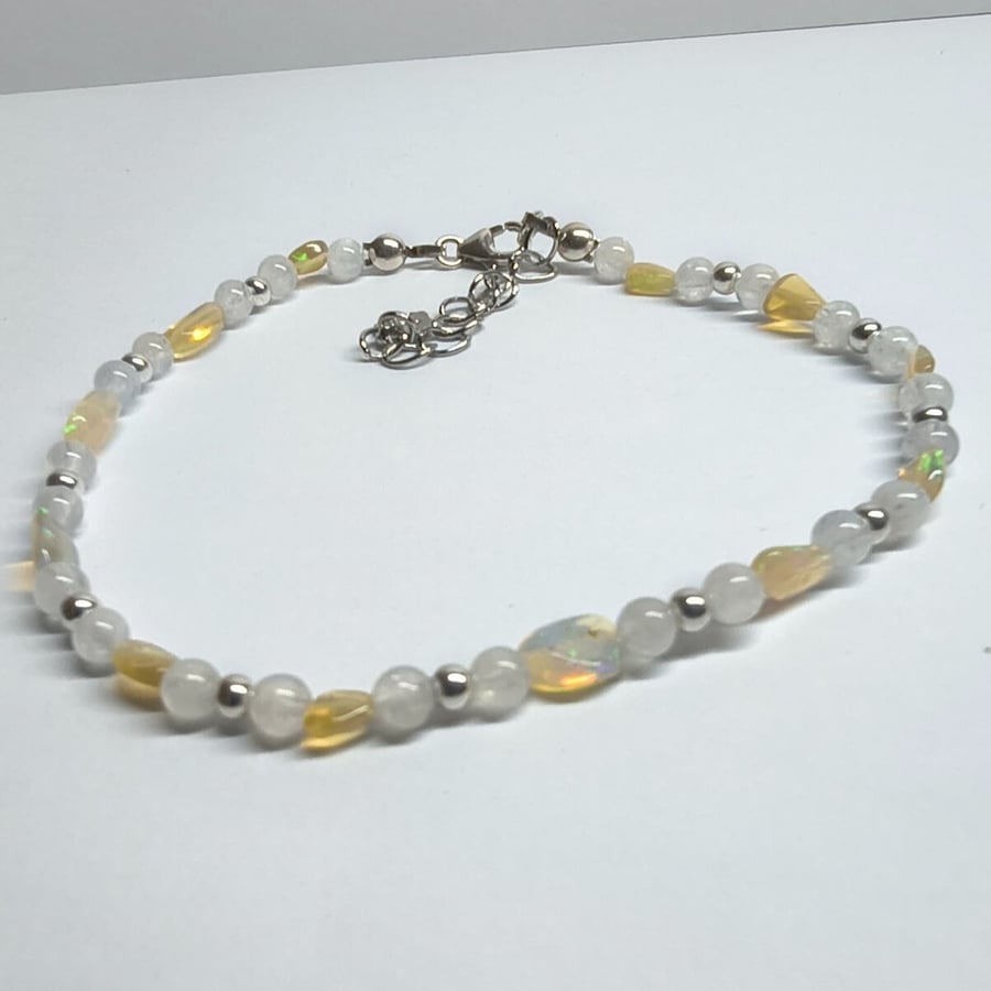 Limited Edition Dainty Moonstone & Ethiopian Opal Bracelet Handmade 925 Silver