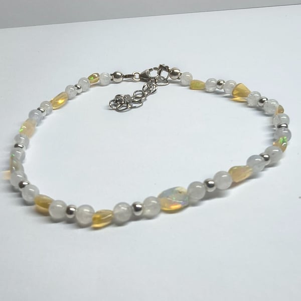 Limited Edition Dainty Moonstone & Ethiopian Opal Bracelet Handmade 925 Silver