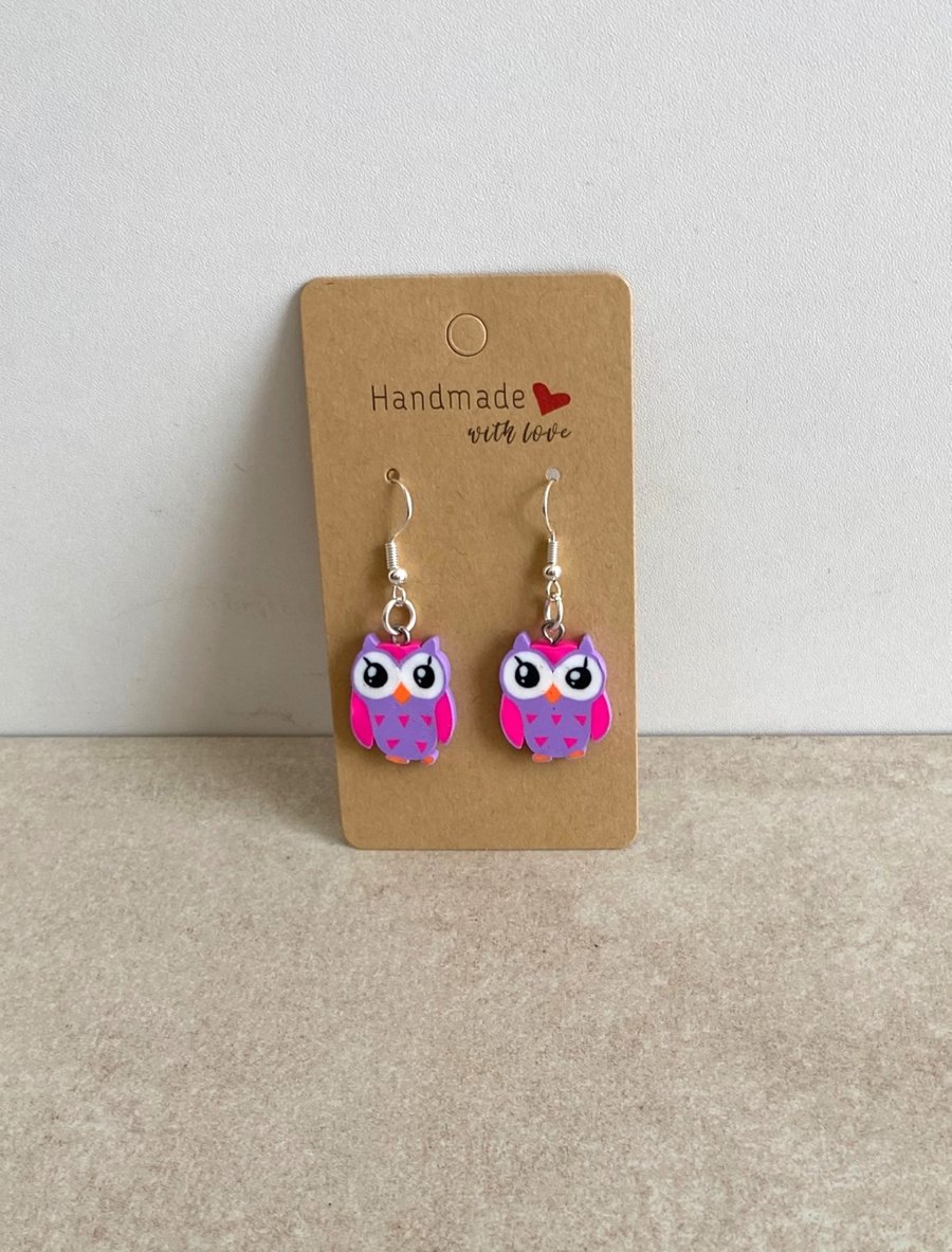 Cute Owl Earrings. Purple & Pink