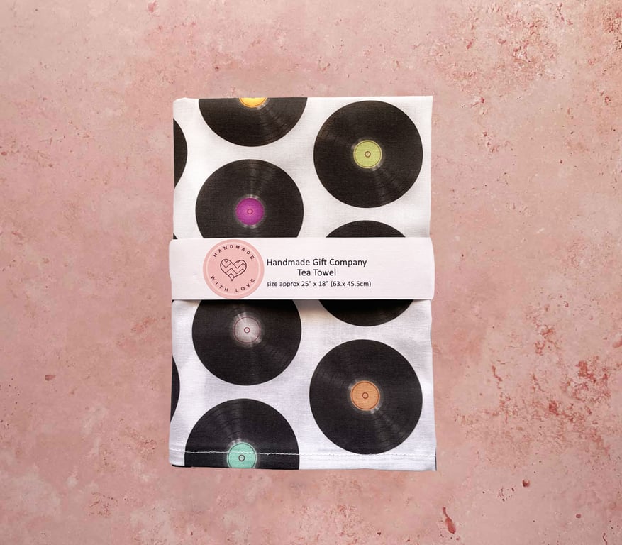 Fabric Handmade Pretty Cotton Tea Towel with a Multicoloured Record Design