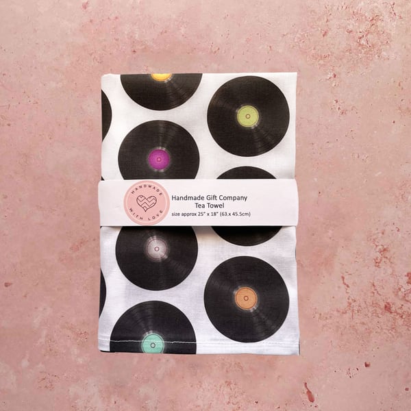 Fabric Handmade Pretty Cotton Tea Towel with a Multicoloured Record Design