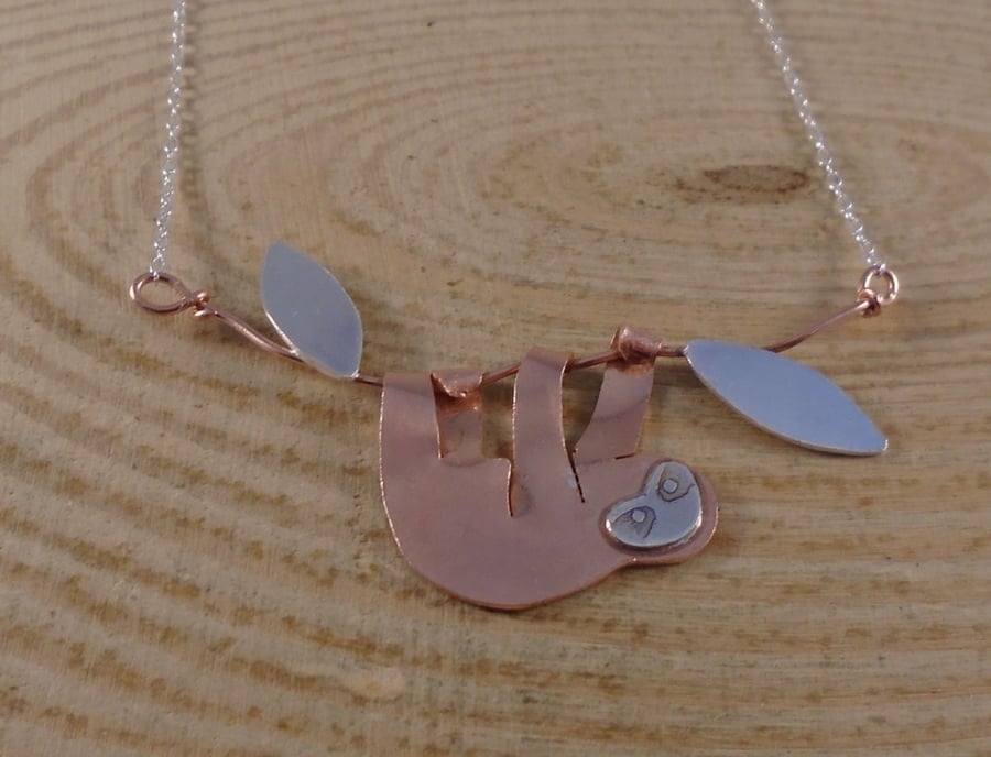 Copper and Sterling Silver Sloth Necklace