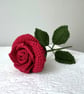 Crochet red rose with 3 leaves ,flower bouquet ,gift for her