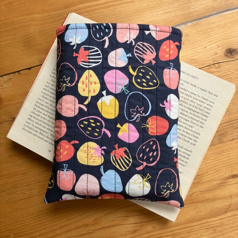 Colourful Strawberry Print Quilted Fabric Book Sleeve - Paperback Size 