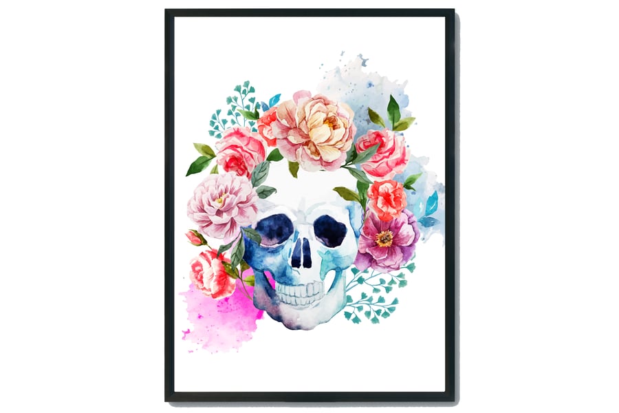 Sugar skull wall print, Watercolour sugar skull decor, dia de los Muertos decor
