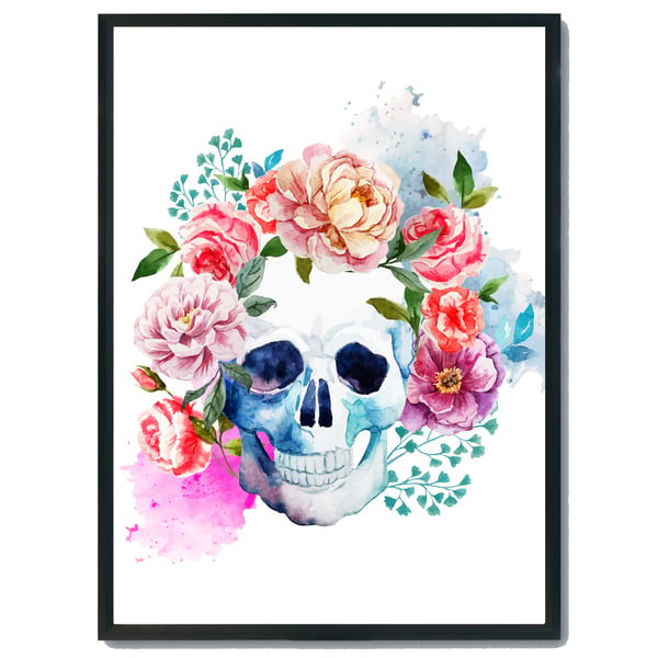 Sugar skull wall print, Watercolour sugar skull decor, dia de los Muertos decor