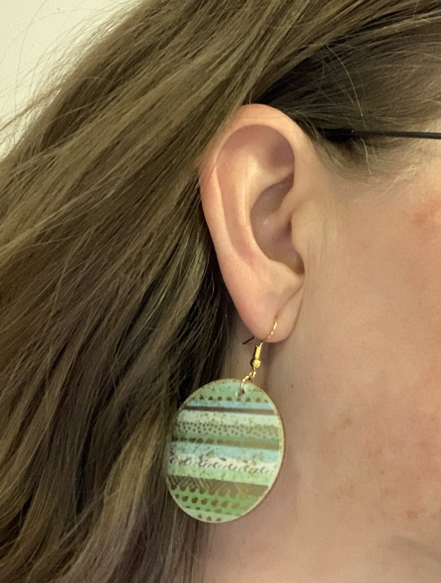 Green Gold Double Sided Earrings Ear Hooks Paper Wood Lightweight Handmade NEW