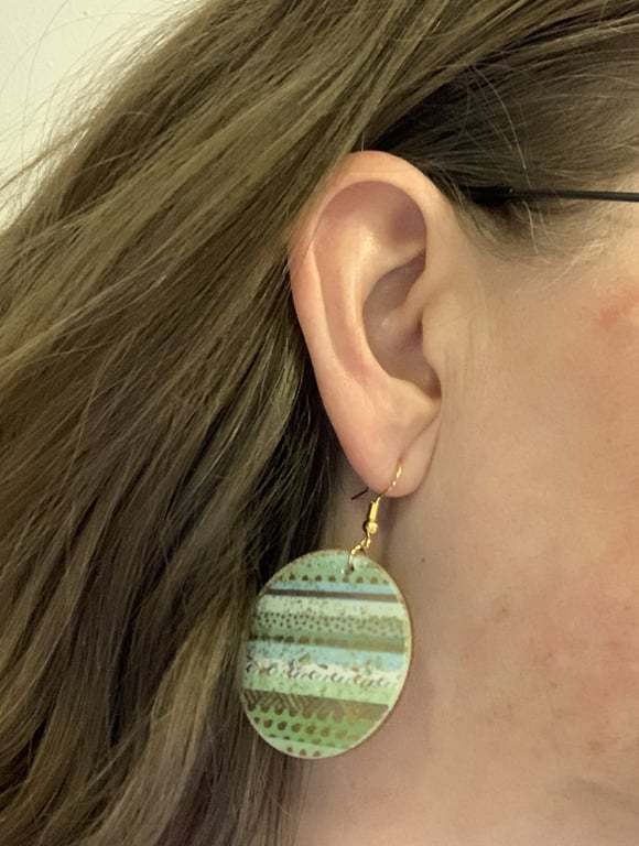 Green Gold Double Sided Earrings Ear Hooks Paper Wood Lightweight Handmade NEW