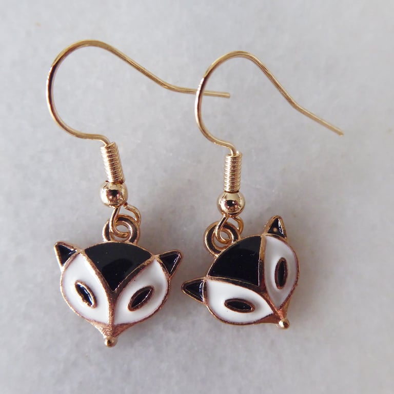 Enamelled Black Fox Head Earrings with KC Gold Ear Wires