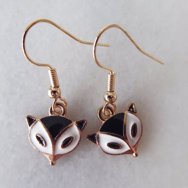 Enamelled Black Fox Head Earrings with KC Gold Ear Wires