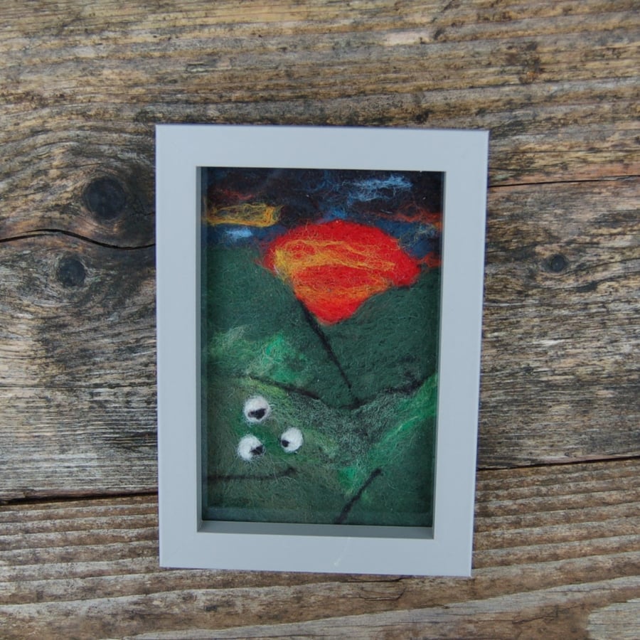Textile art picture - sheep at sunset 12 x 17 cm   Needle felt.  Charity Sale.