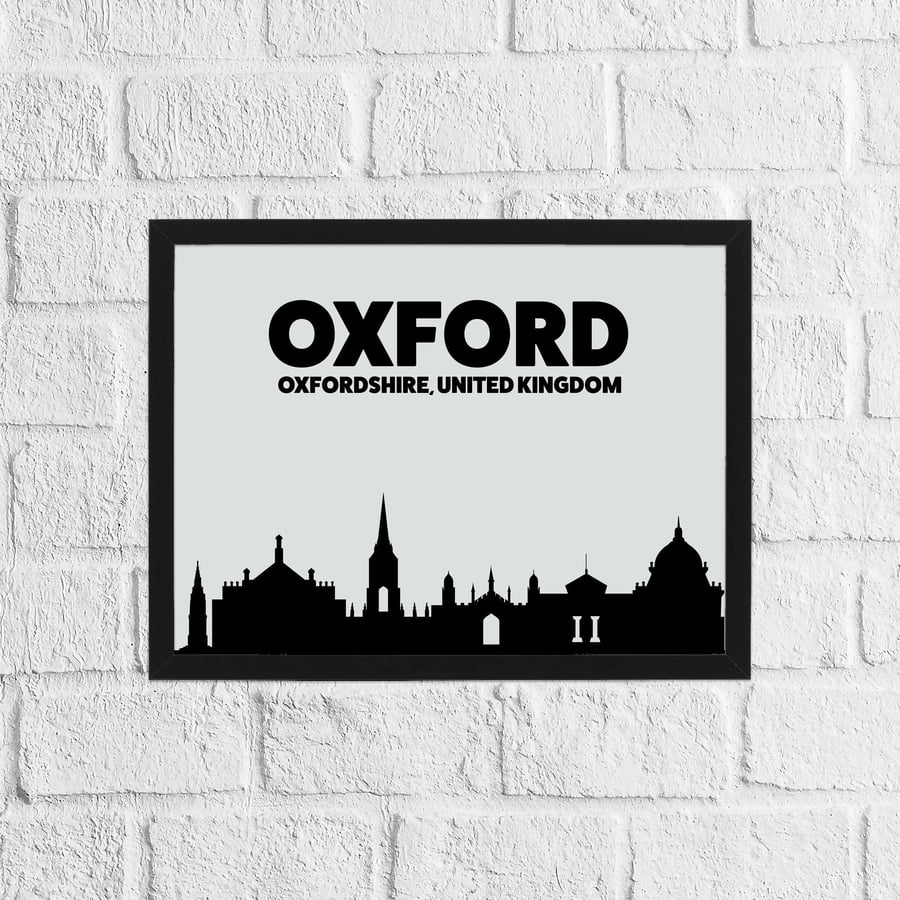 Skyline silhouette of Oxford, Oxfordshire, UK, grey and black print, wall art