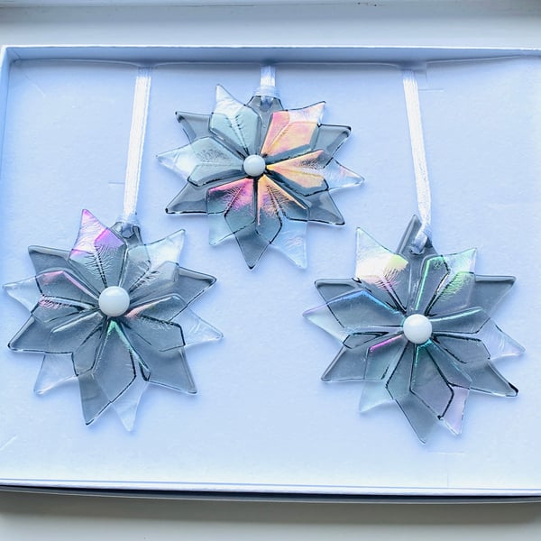 Fused glass  iridescent snowflake gift set- Christmas hanging decoration