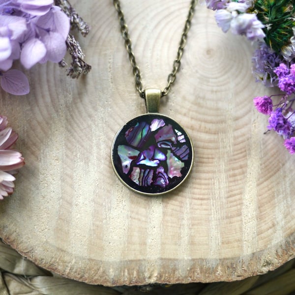Black Resin and Abalone Shell Pendant Necklace