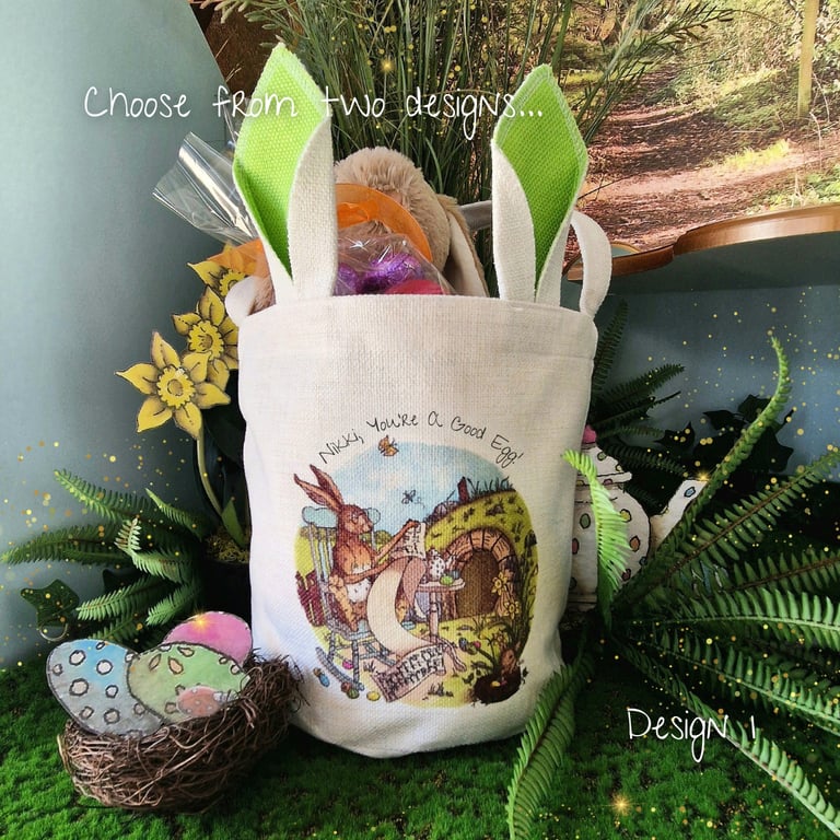 Personalised Easter Egg Hunt Basket – Hand Printed Linen Basket with Hare Ears