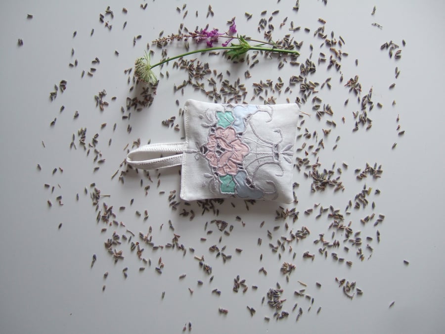Yorkshire lavender bag made from pastel vintage embroidery.
