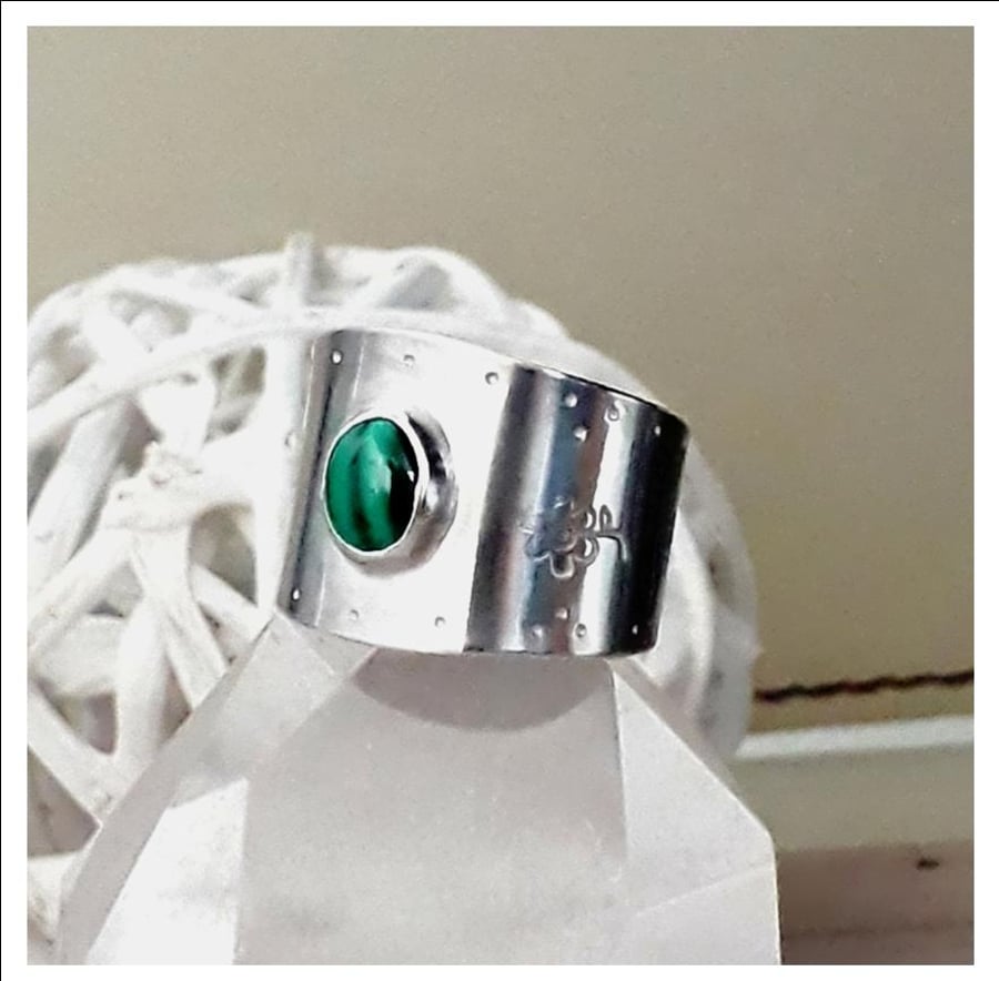 Sterling Silver Adjustable Wide Ring with Malachite  Hallmarked Ring size P to T