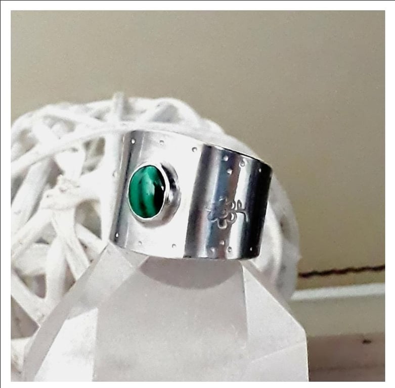 Sterling Silver Adjustable Wide Ring with Malachite  Hallmarked Ring size P to T