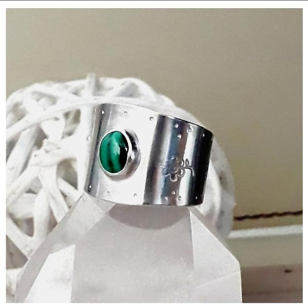 Sterling Silver Adjustable Wide Ring with Malachite  Hallmarked Ring size P to T