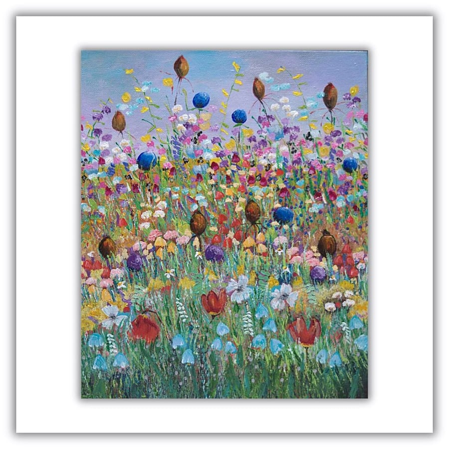 A framed original, acrylic painting - colourful wildflowers - Scottish landscape