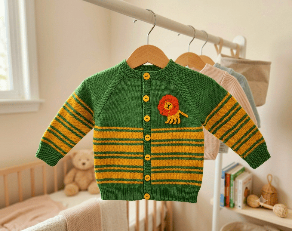 Baby Boy's Hand-knitted Cardigan, Green & Yellow with Lion Motif, 12-18 mnths